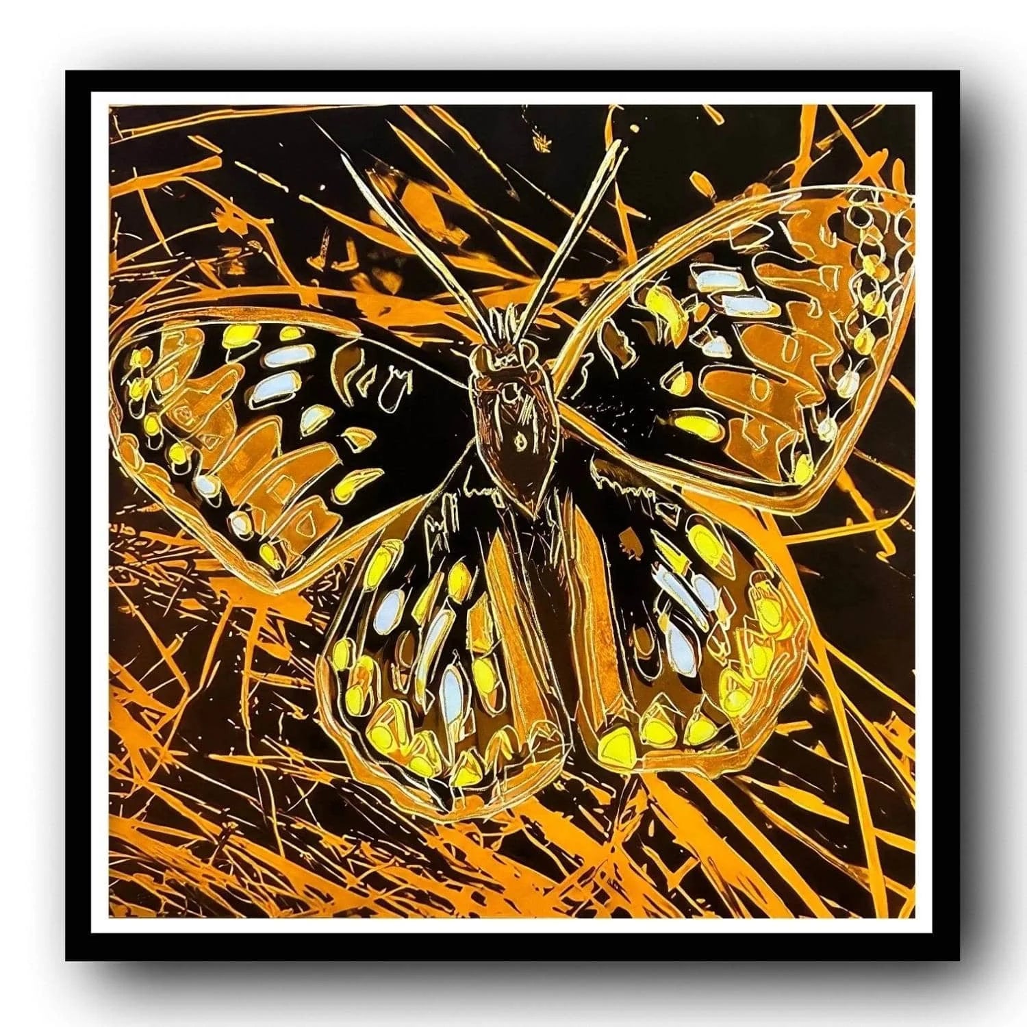 Framed artwork of a butterfly with an abstract design on a black background